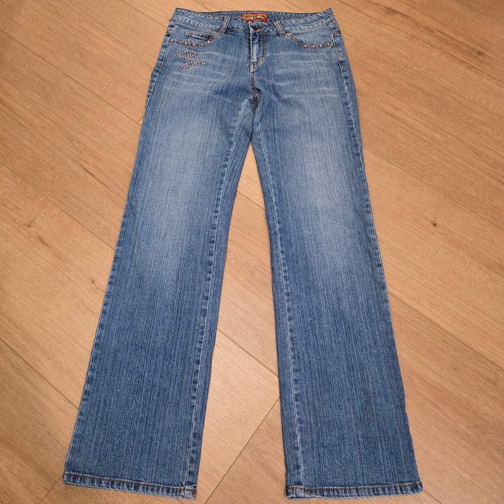 Boom Boom Jeans USA Pink Rhinestone Embellished Bootcut Denim Jeans Blue Size 7